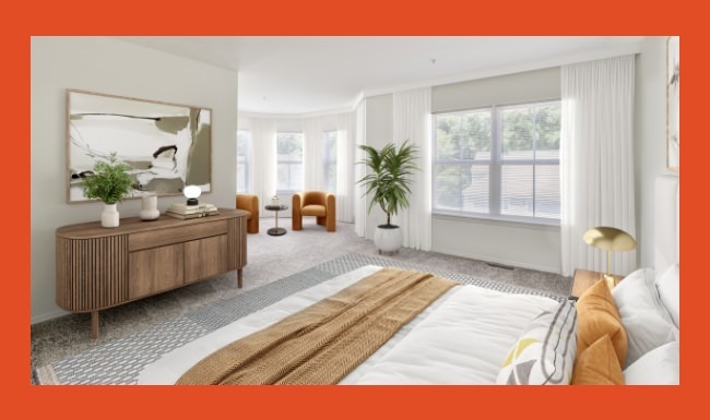 Large well lit bedroom with plush carpet floors and large windows.